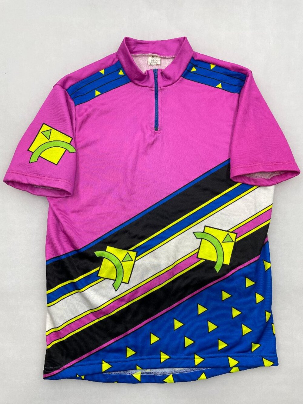 Vintage 90s Retro Geometric Neon Pink Blue Cycling Jersey Made in Switzerland XL